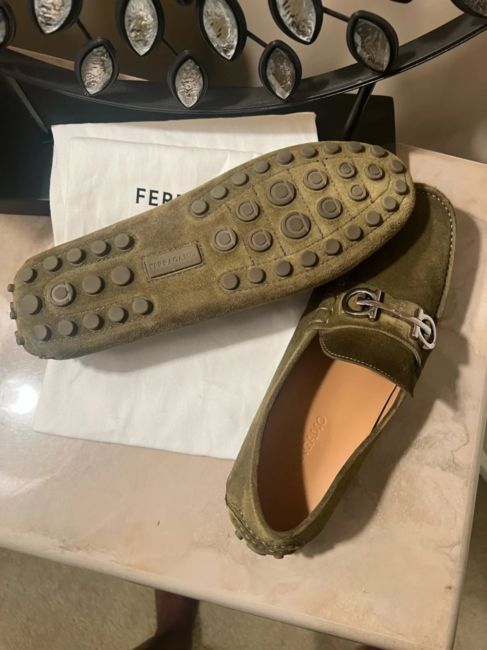 Salvatore Ferragamo Men's Olive Suede Bit Loafers - Elegant Slip-On Style